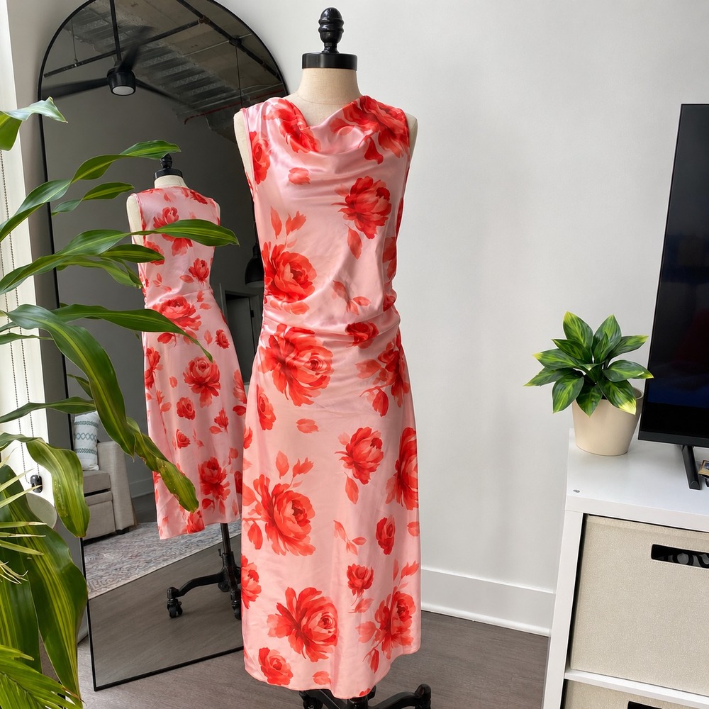 NWT Bebe Petal Up Pink & Red Floral Cowl Neck Dress Women's Small Formal Dinner